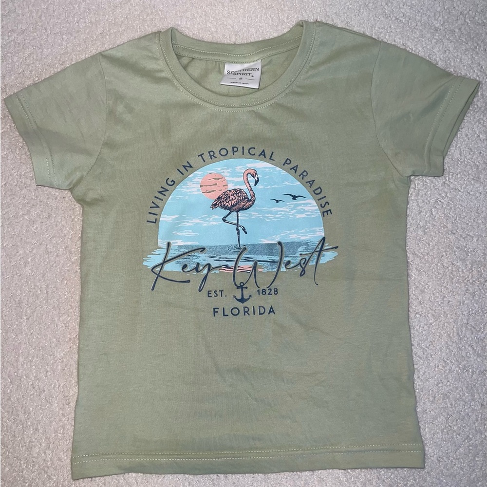The Southern Shirt Company Kids Tee in Sage with Flamingo Graphic